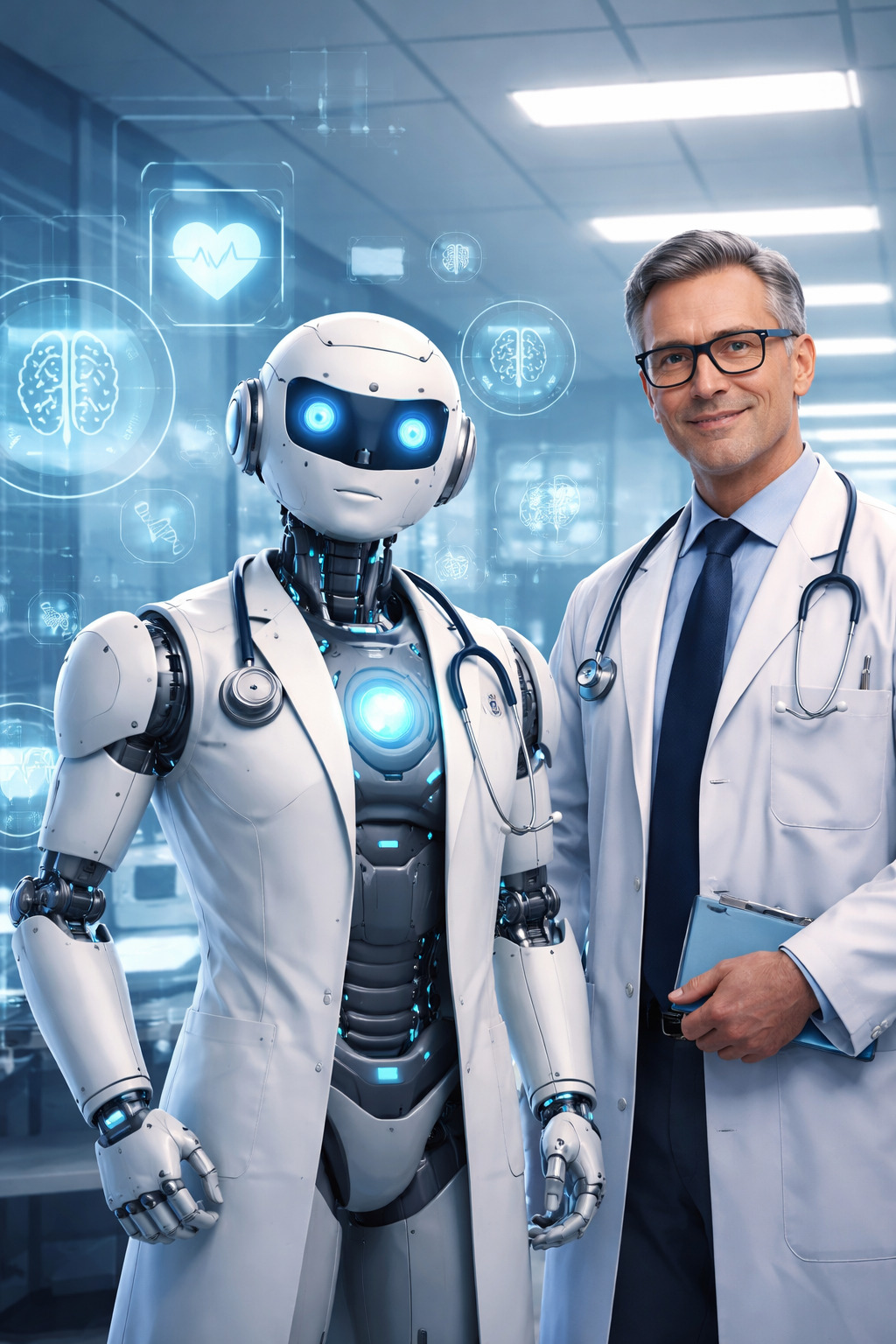 Robot doctor with a patient in a hospital setting