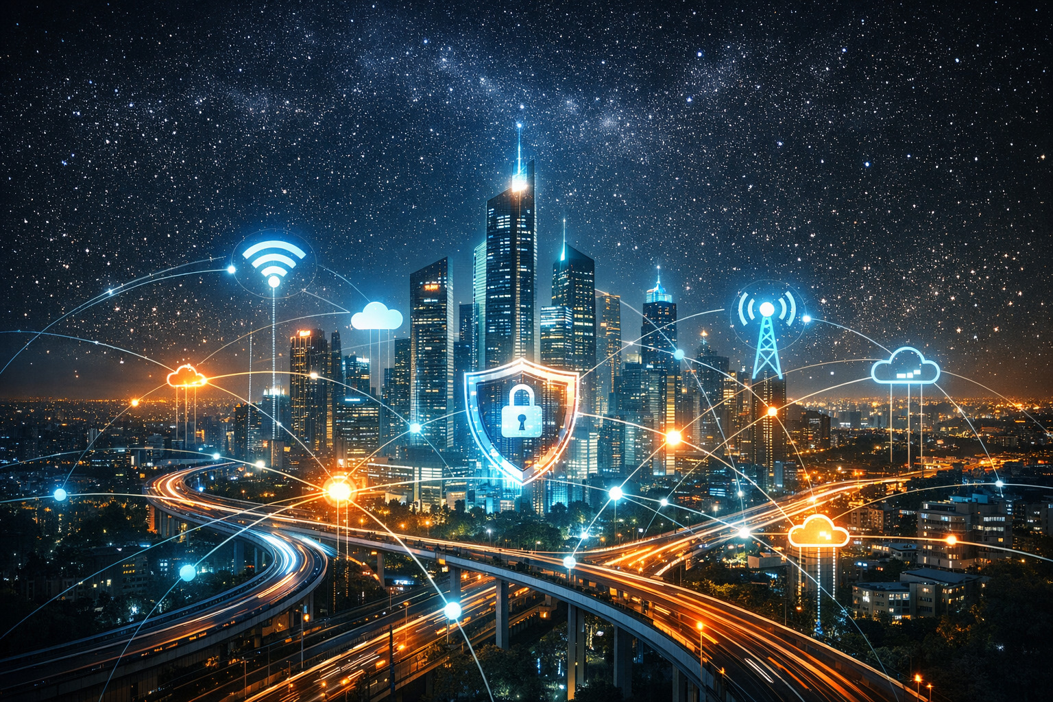 Smart city with network connections and glowing nodes