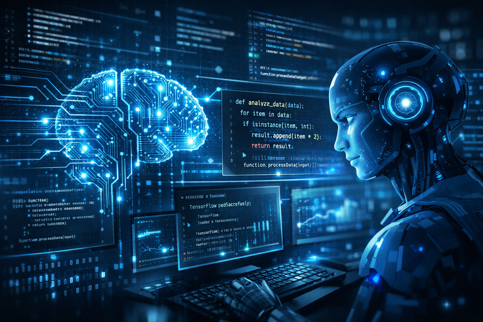 Abstract AI brain with lines of code and circuits