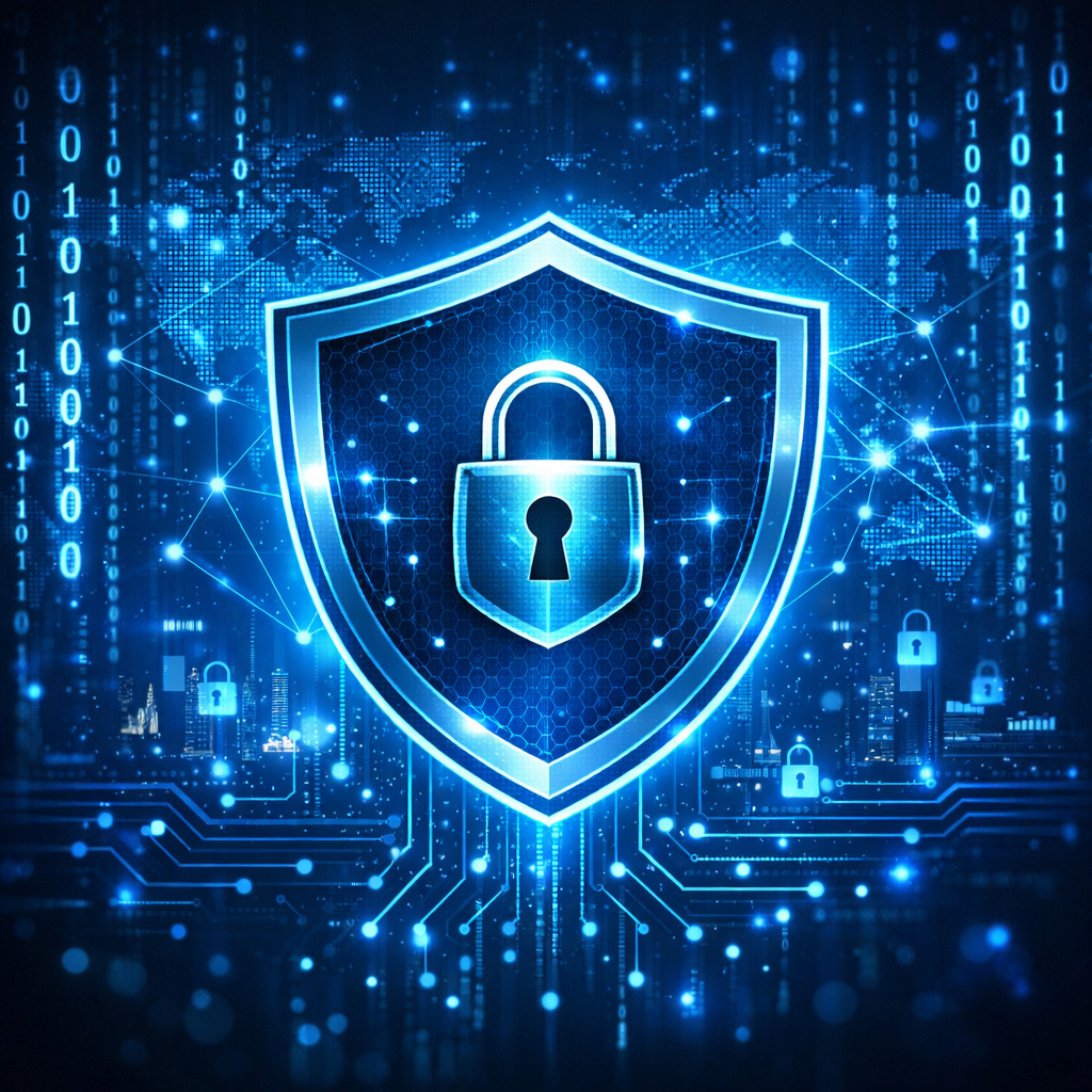 Digital shield and code representing AI security