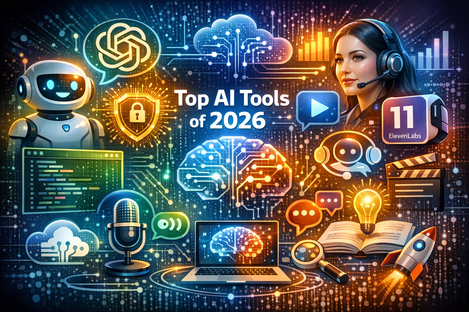 Collage of futuristic AI tools and icons
