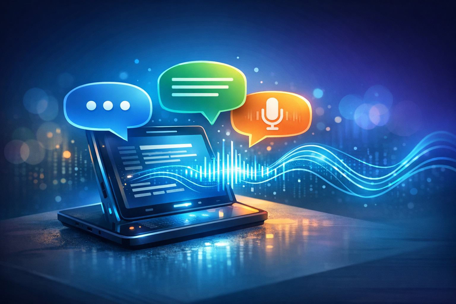 Mobile device emitting colorful speech bubbles and sound waves